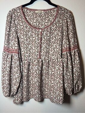 Max Studio Cream Peasant Tunic with Red Floral Print